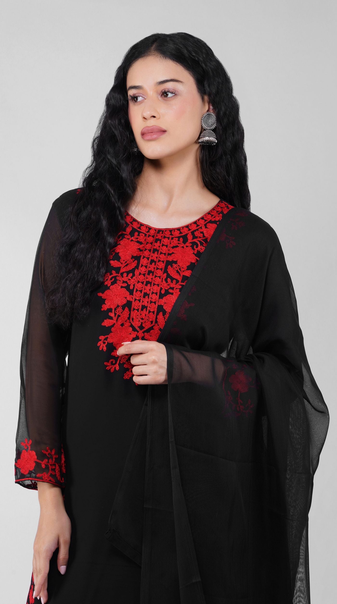 Black Thread Embroidered Shift Suit Set with Georgette Dupatta