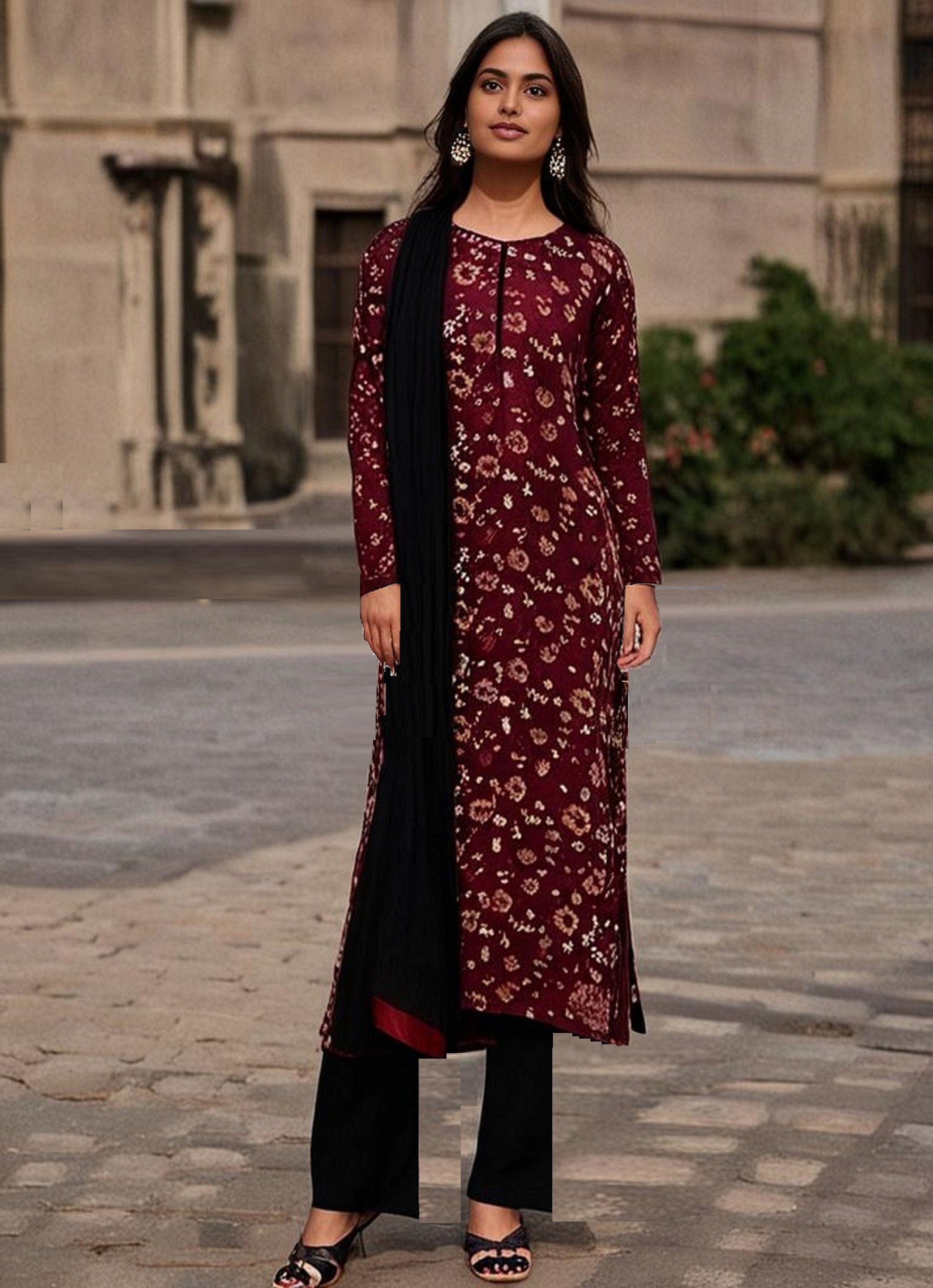 Maroon Printed Long Length Ladies Suit