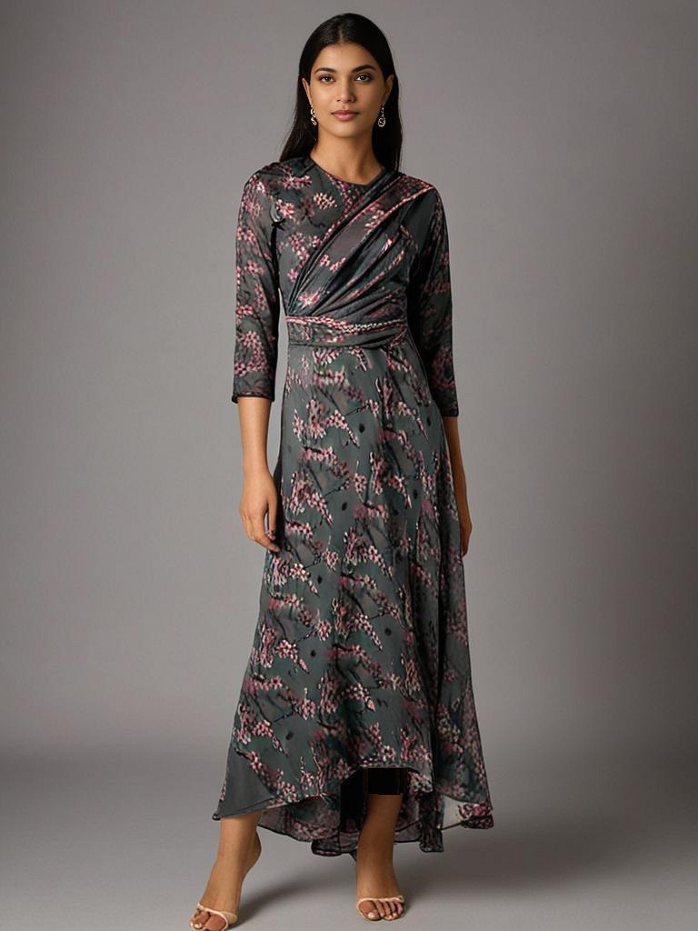 Grey Printed Bias Cut Dress Set