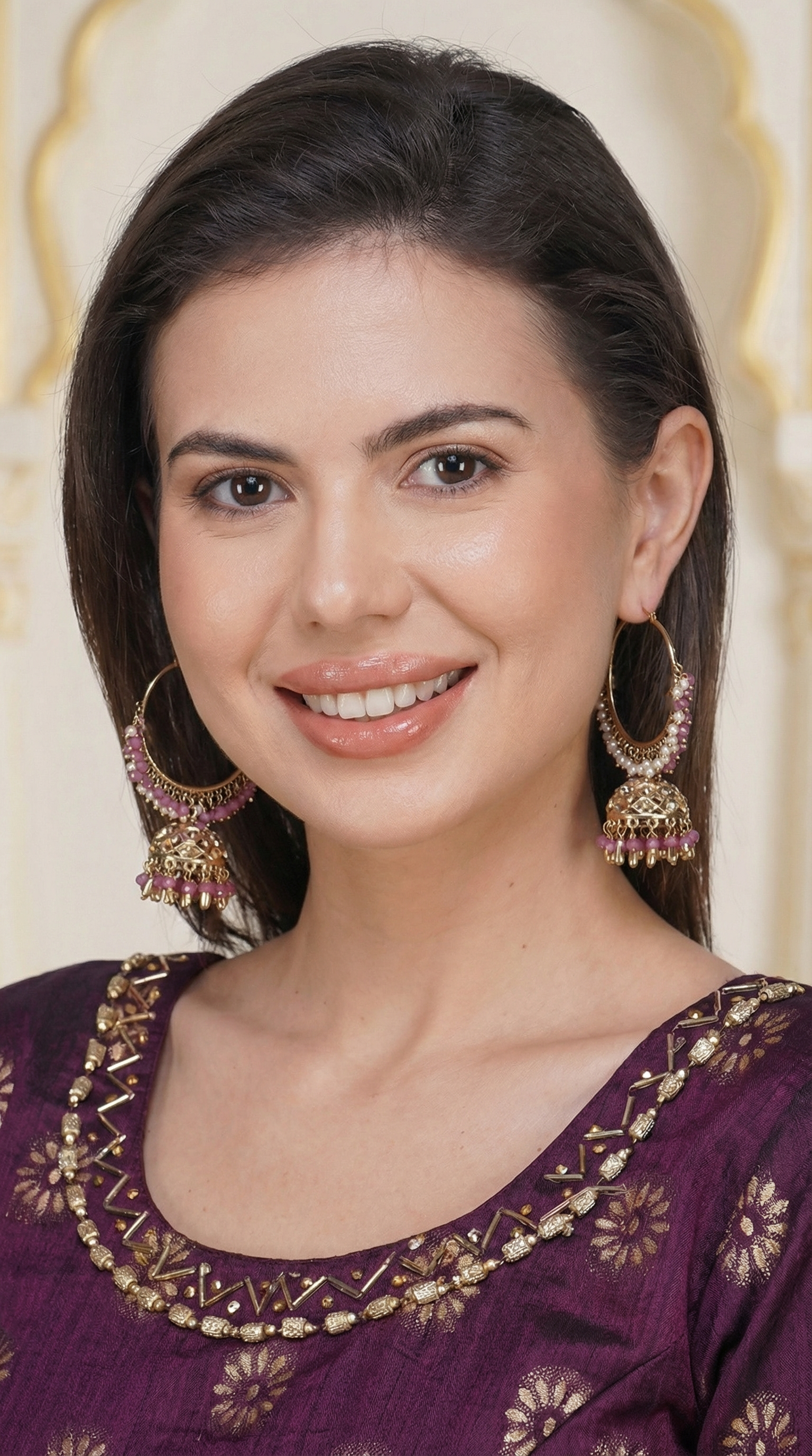 Gold Diamante Jumki Earrings with Purple Beads & Pearl Drops