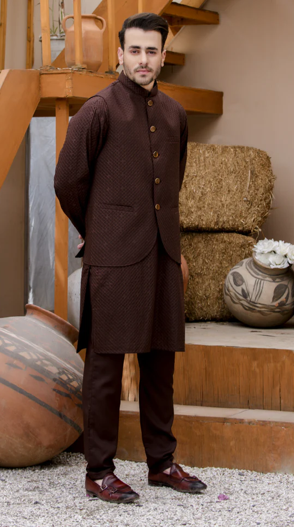Brown Men's Embroidered Waistcoat