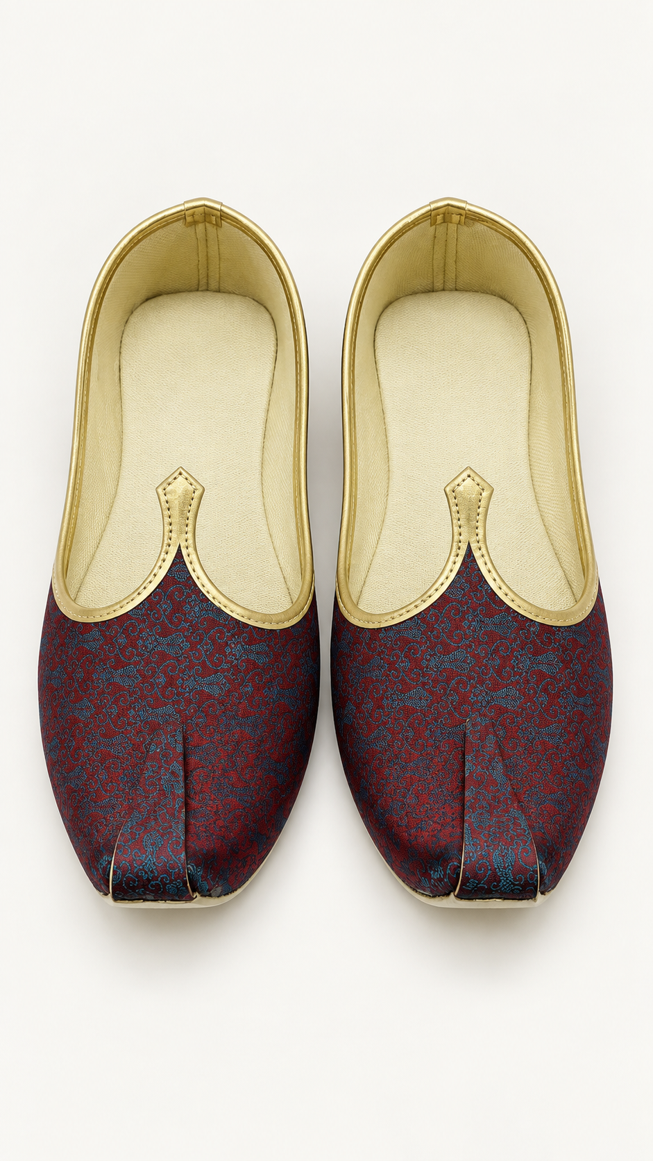 A pair of traditional KHussa shoes in a deep maroon patterned fabric, featuring gold trim and a cream-colored insole, shown from a top-down view on a white background.