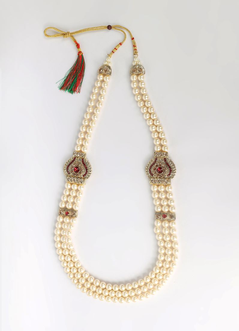 Men’s Maroon Diamonte Wedding Necklace – Pearl & Diamonte Sherwani Mala