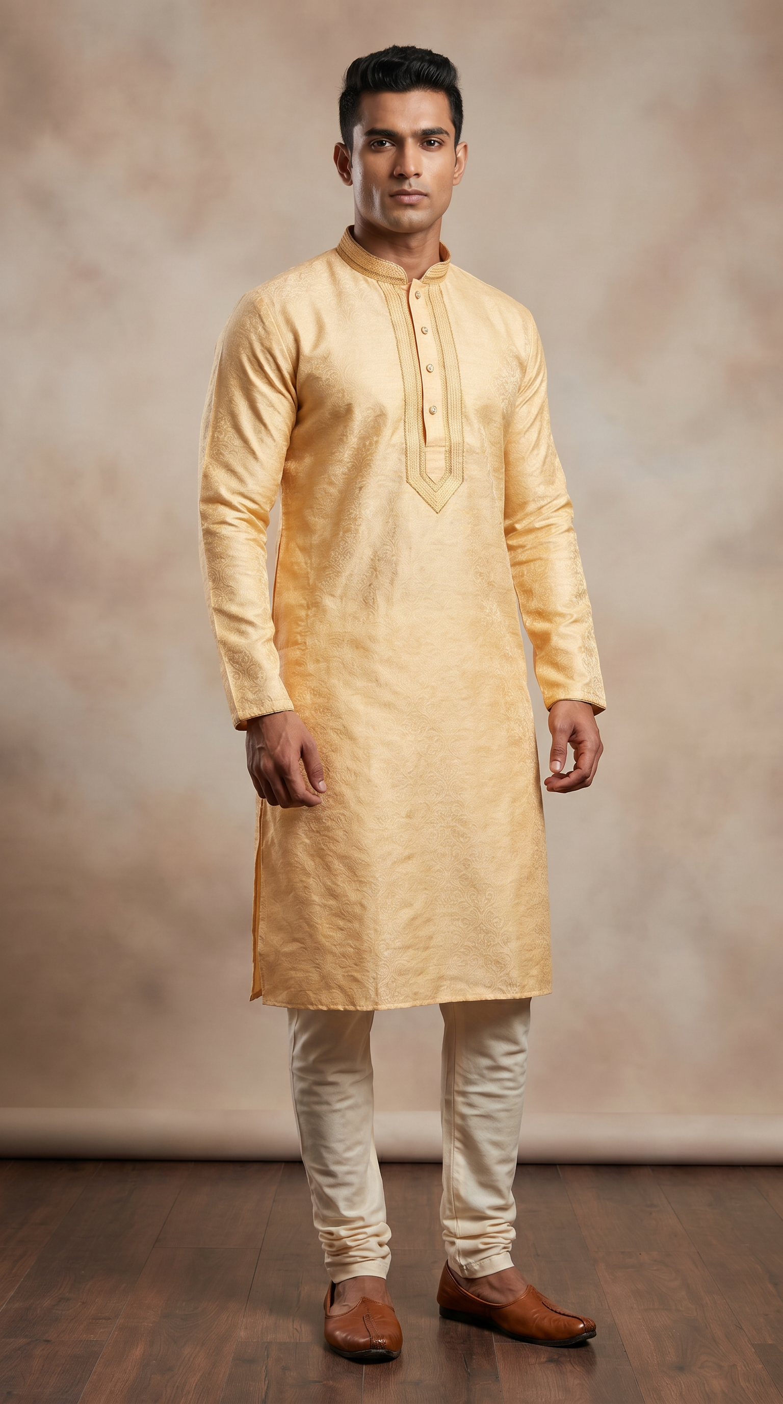 Men's Gold jacquard Resham Embroidered Kurta Pyjama Set