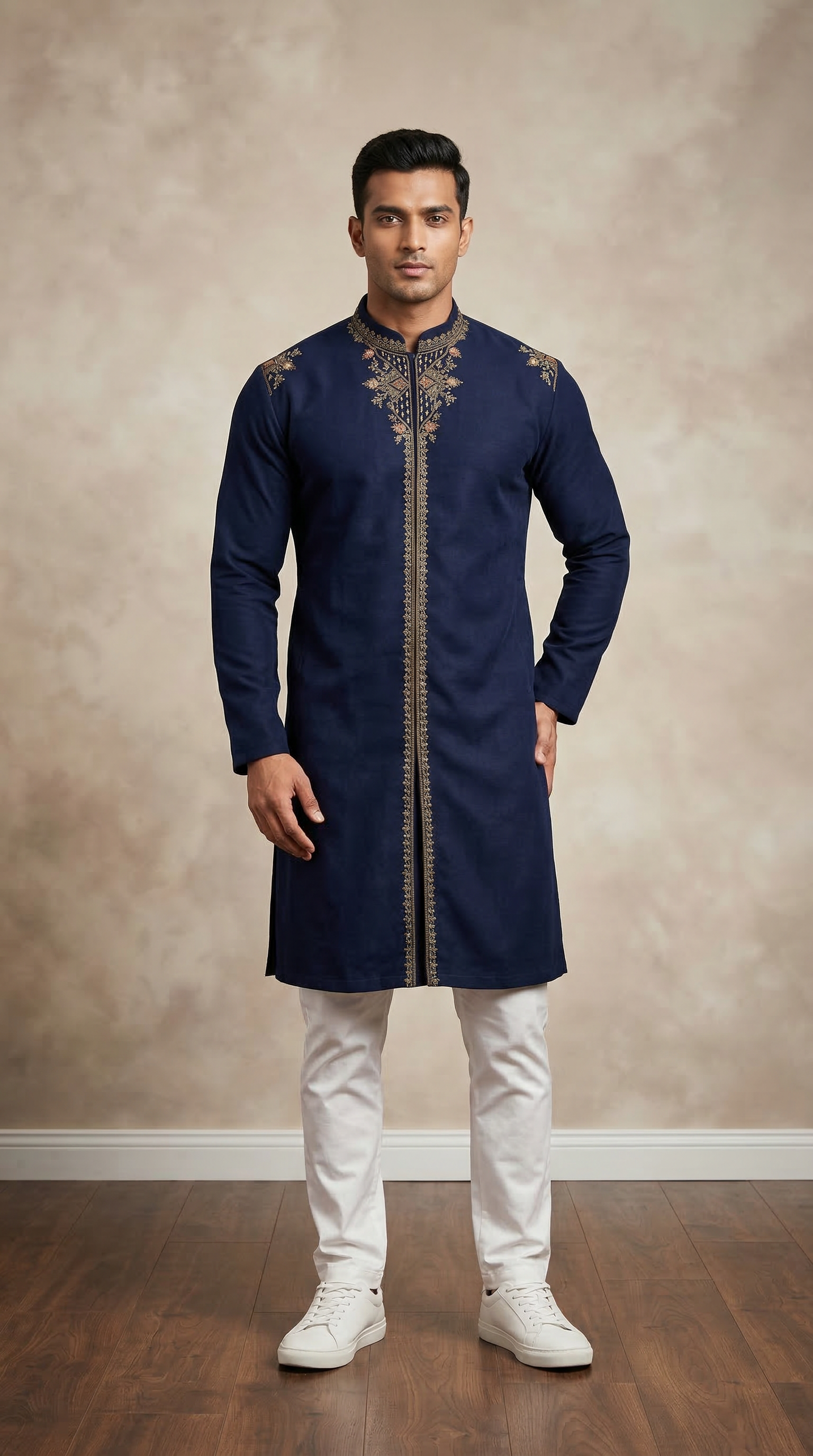Men’s Navy Blue Kurta with Delicate Thread work Embroidery