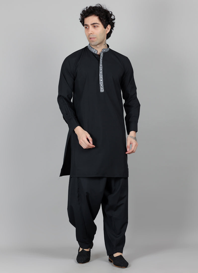 Men's Black Embroidered Salwar Set
