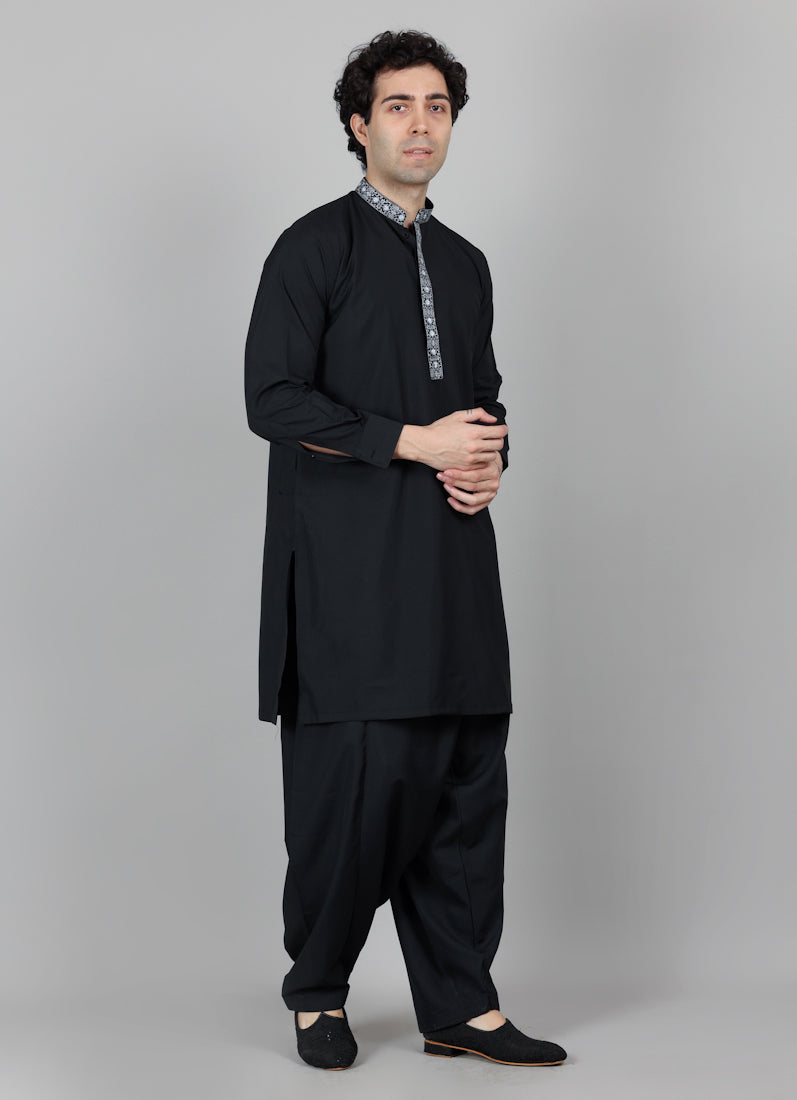 Men's Black Embroidered Salwar Set