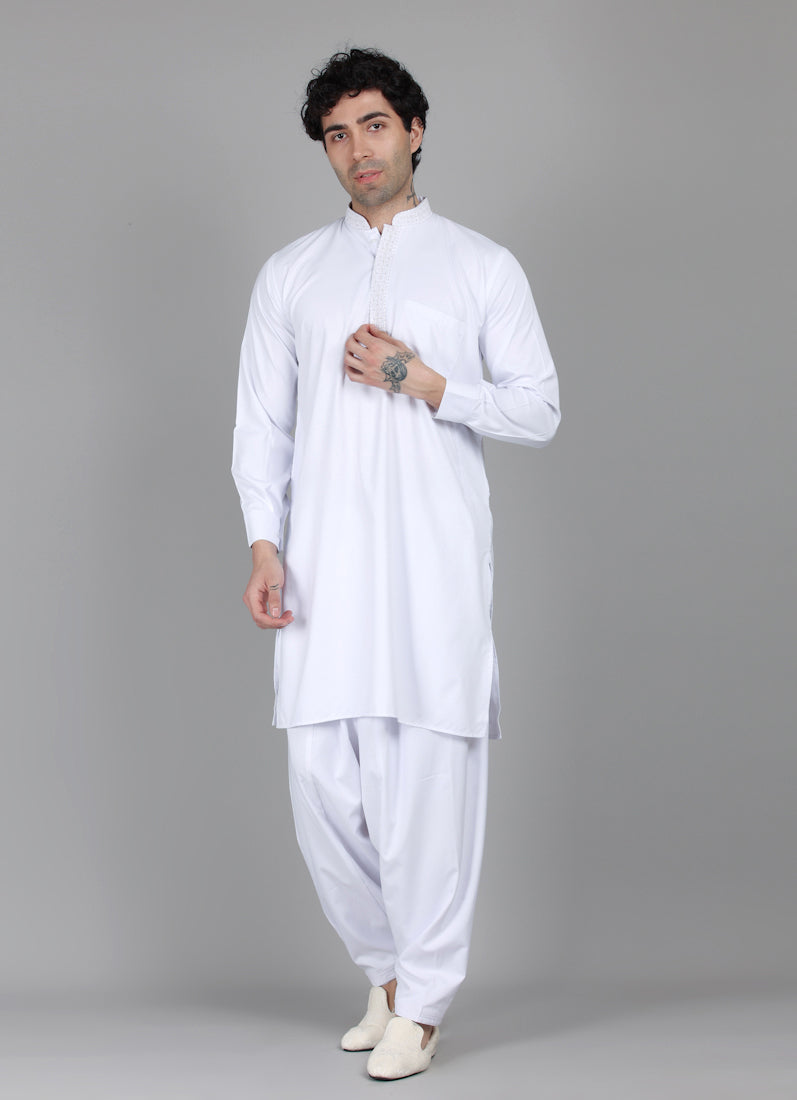 Men's White Embroidered Salwar Set