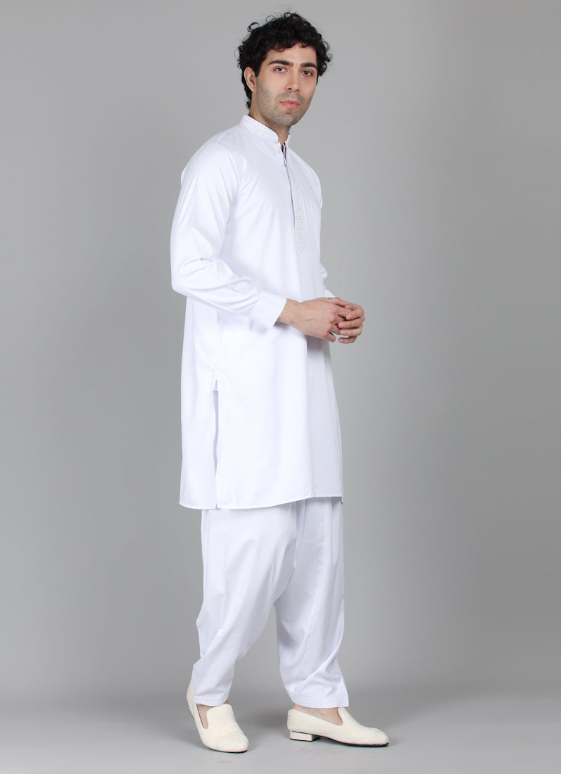 Men's White Embroidered Salwar Set