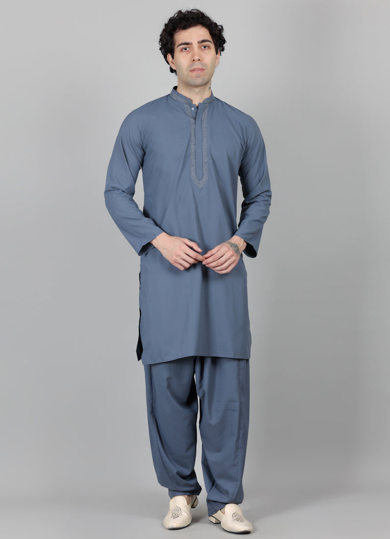 Men's Dark Grey Embroidered Salwar Set