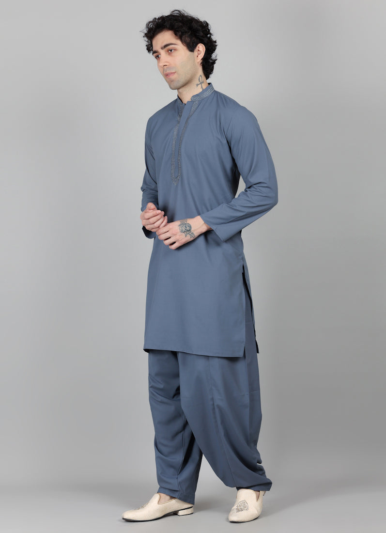 Men's Dark Grey Embroidered Salwar Set