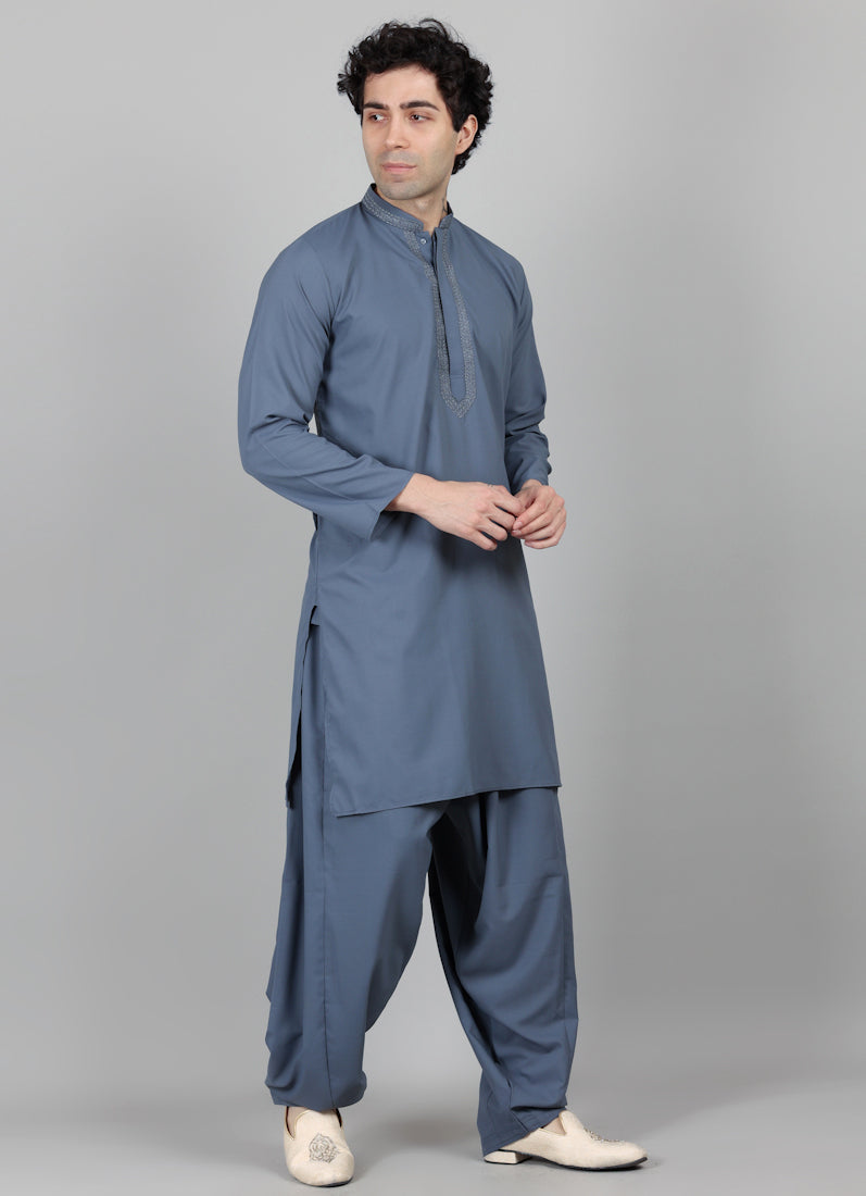 Men's Dark Grey Embroidered Salwar Set