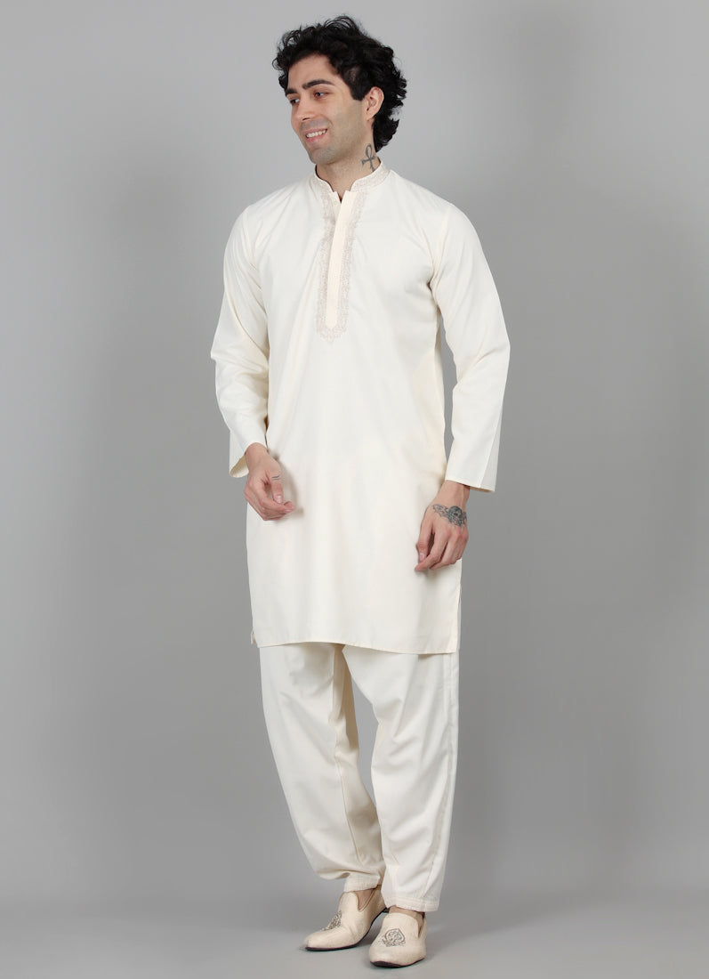 Men's Dark Cream Embroidered Salwar Set