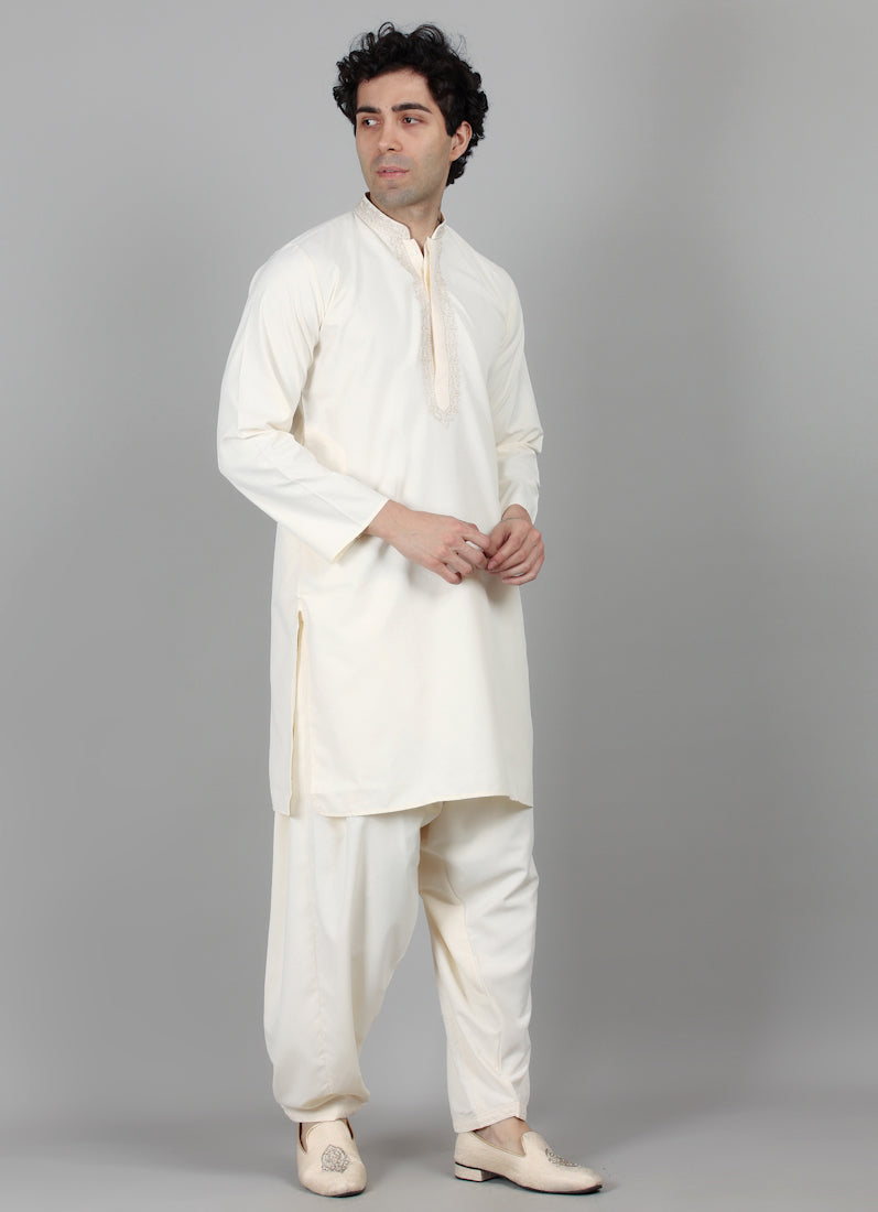 Men's Dark Cream Embroidered Salwar Set