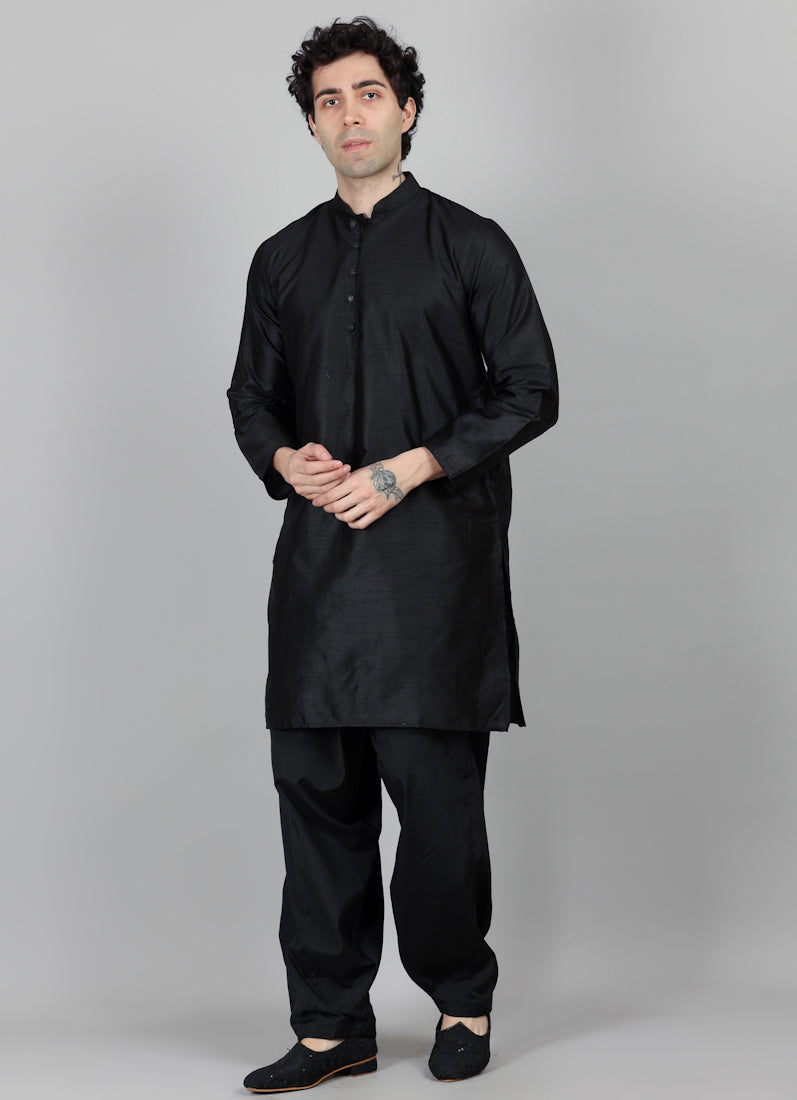 Men's Black Band Collar Kurta Salwar Set