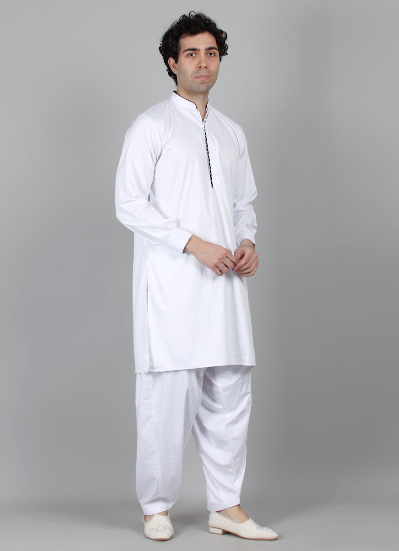 Men's White Band Collar Kurta Salwar Set
