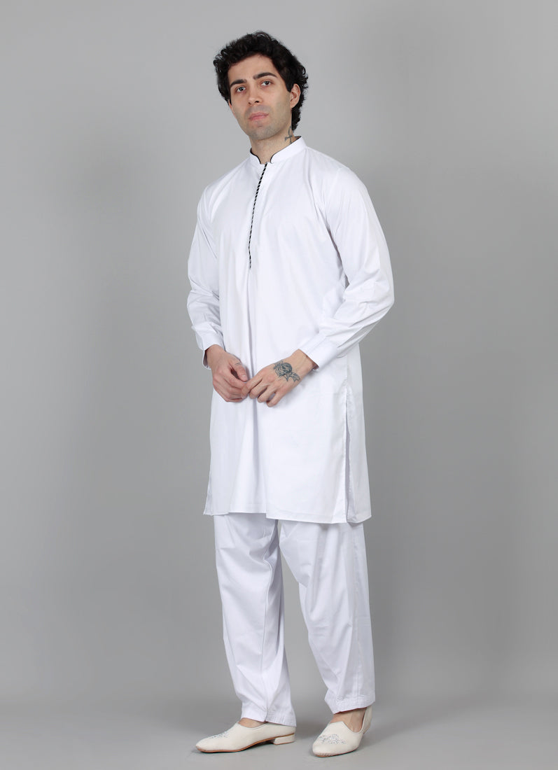 Men's White Band Collar Kurta Salwar Set