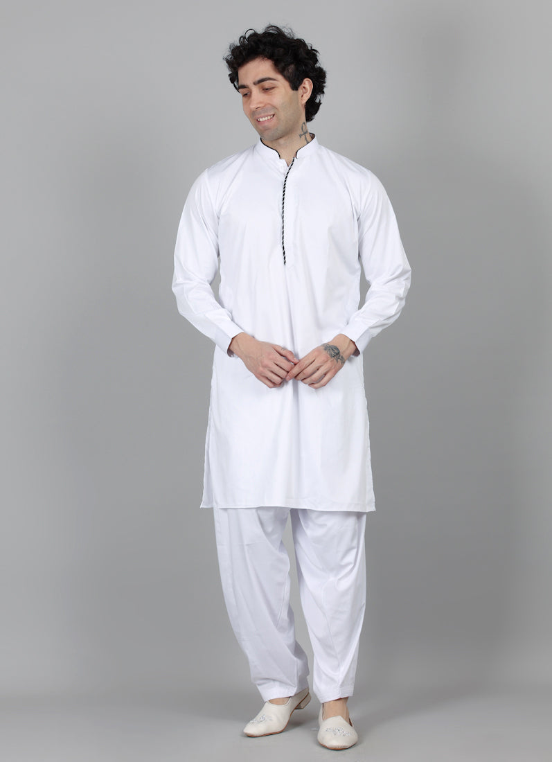 Men's White Band Collar Kurta Salwar Set
