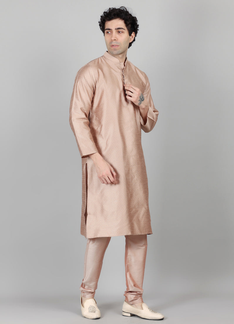 Men's Rose Gold Jacquard Kurta Payjama Set