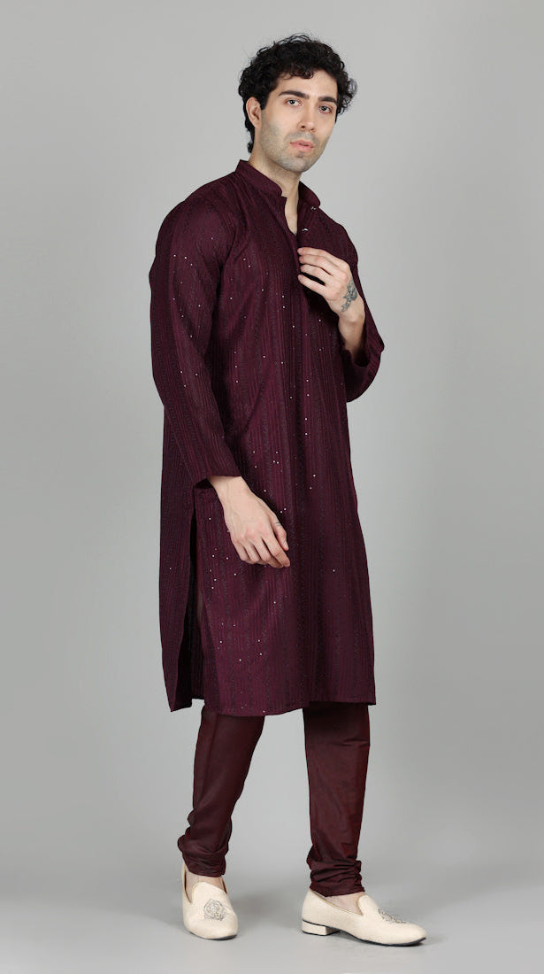 Men's Purple Sequin Embroidered Kurta Payjama Set