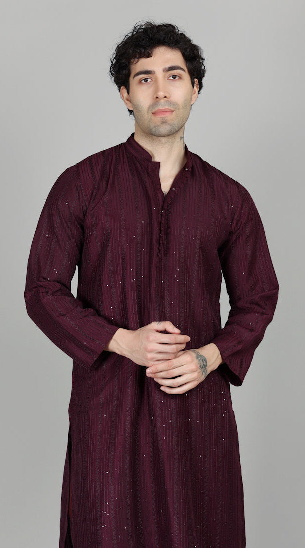 Men's Purple Sequin Embroidered Kurta Payjama Set