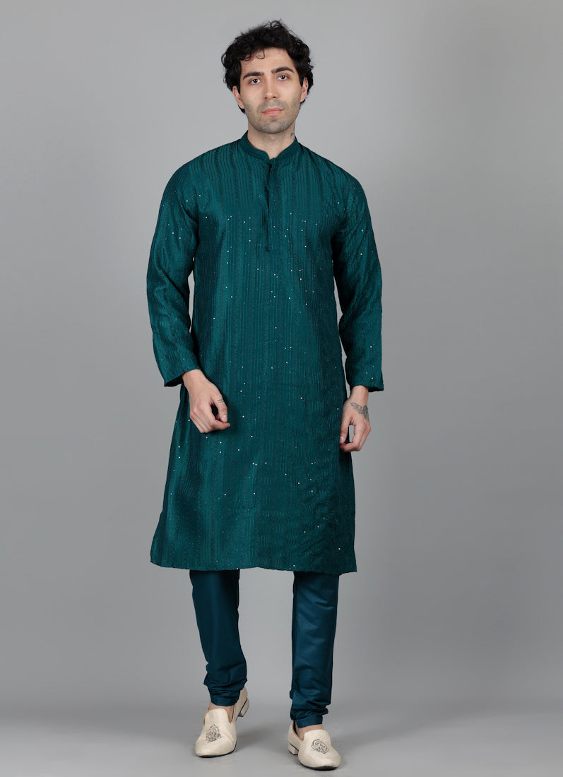 Men's Jade Blue Sequin Embroidered Kurta Pajama Set