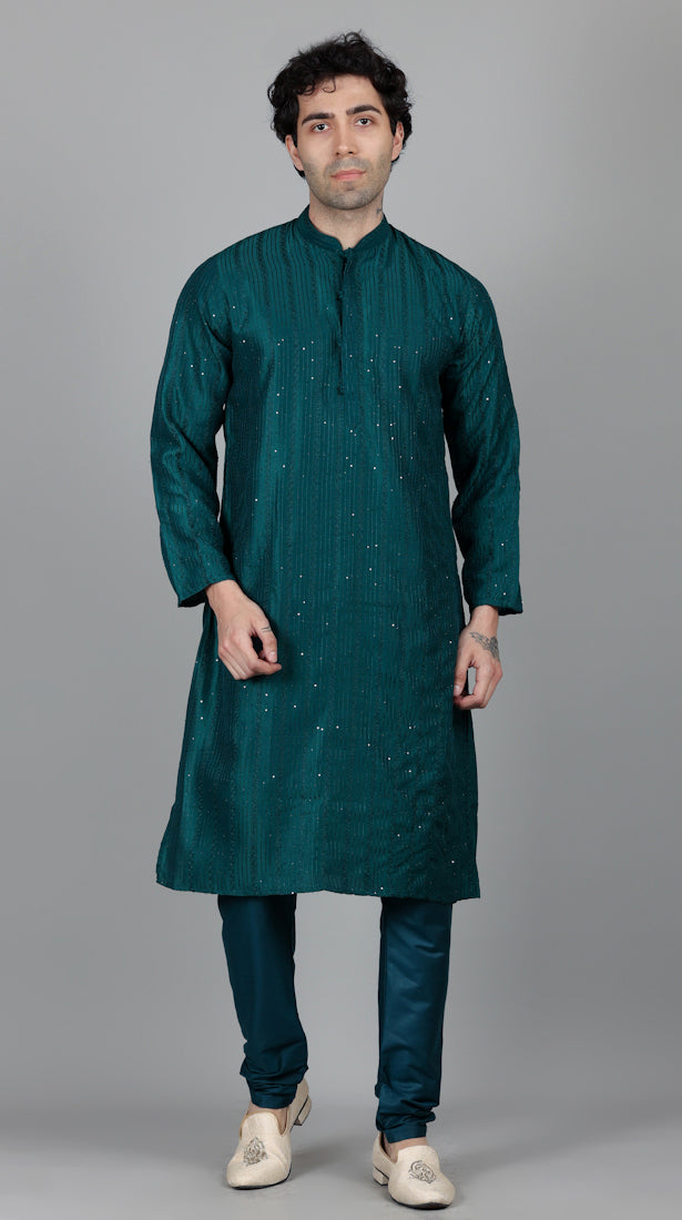 Men's Jade Blue Sequin Embroidered Kurta Pajama Set