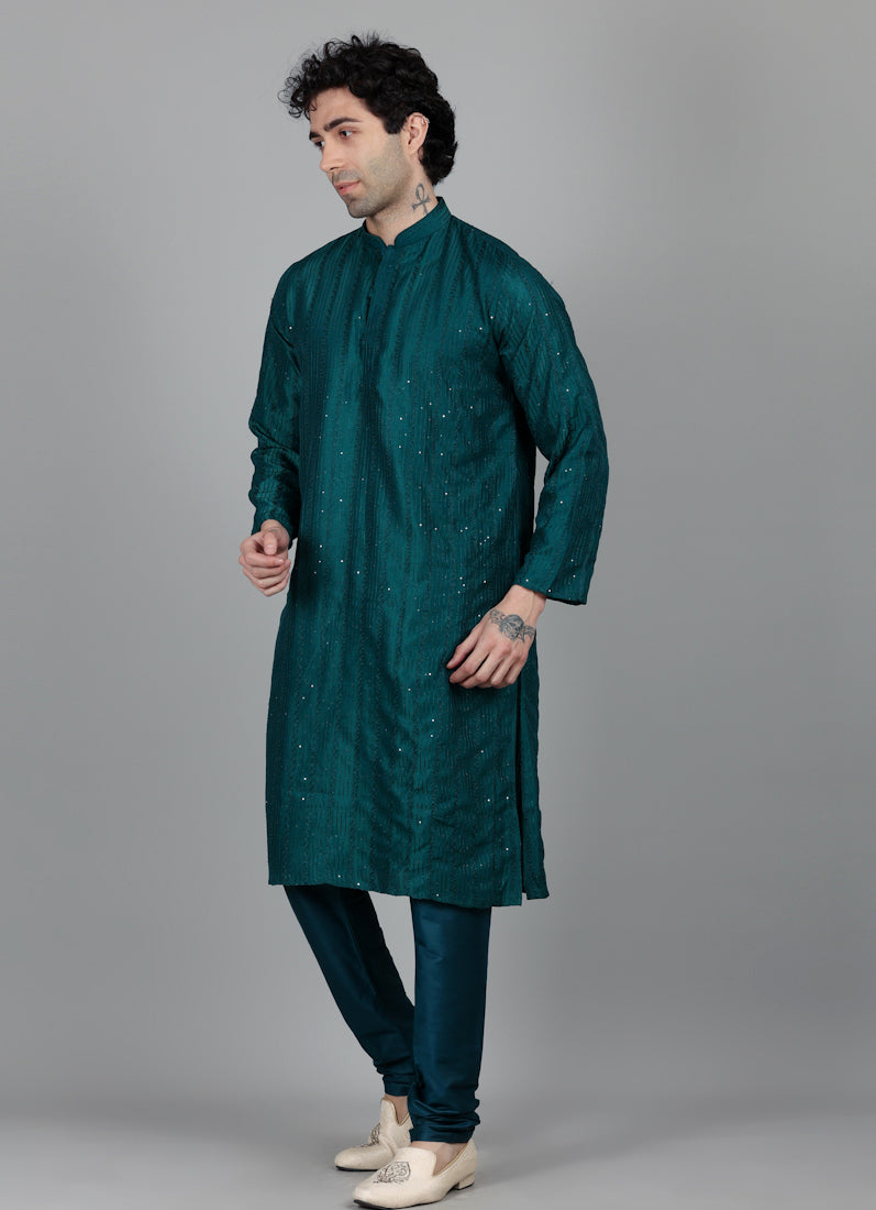 Men's Jade Blue Sequin Embroidered Kurta Pajama Set