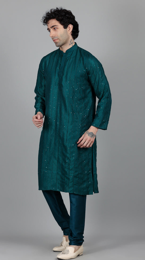 Men's Jade Blue Sequin Embroidered Kurta Pajama Set