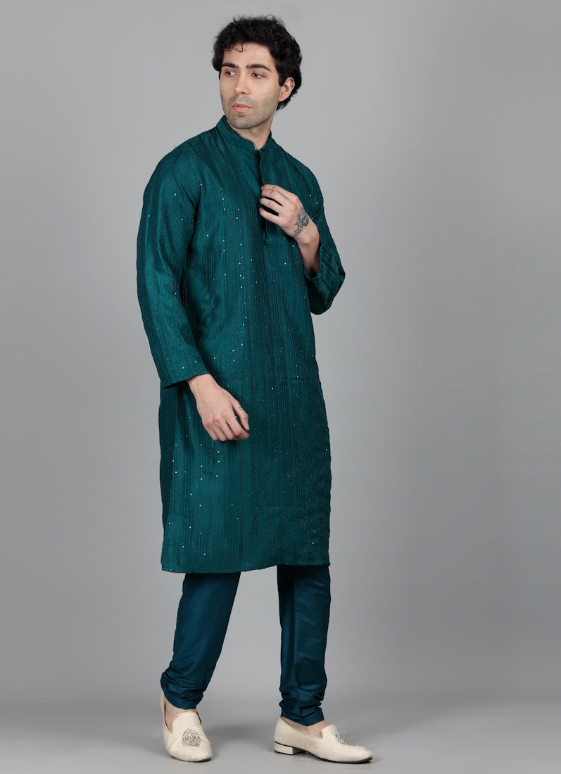 Men's Jade Blue Sequin Embroidered Kurta Pajama Set