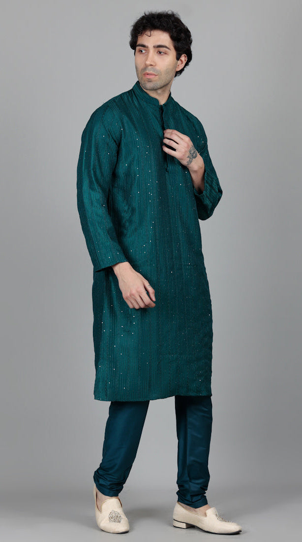 Men's Jade Blue Sequin Embroidered Kurta Pajama Set