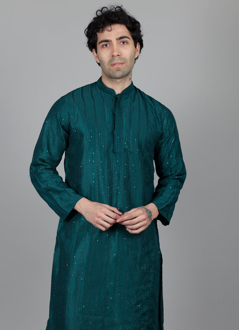 Men's Jade Blue Sequin Embroidered Kurta Pajama Set