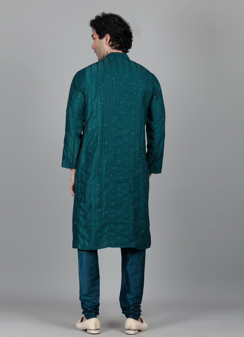 Men's Jade Blue Sequin Embroidered Kurta Pajama Set