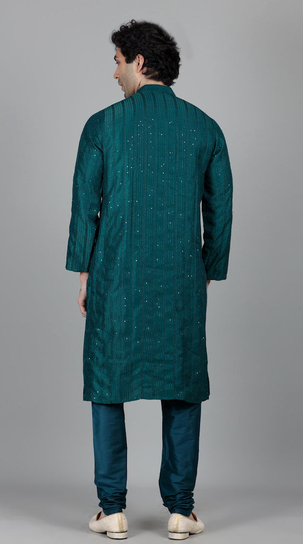 Men's Jade Blue Sequin Embroidered Kurta Pajama Set