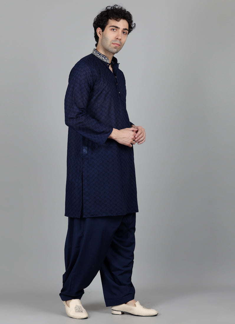 Men's Navy Blue Chikankari Kurta Salwar Set