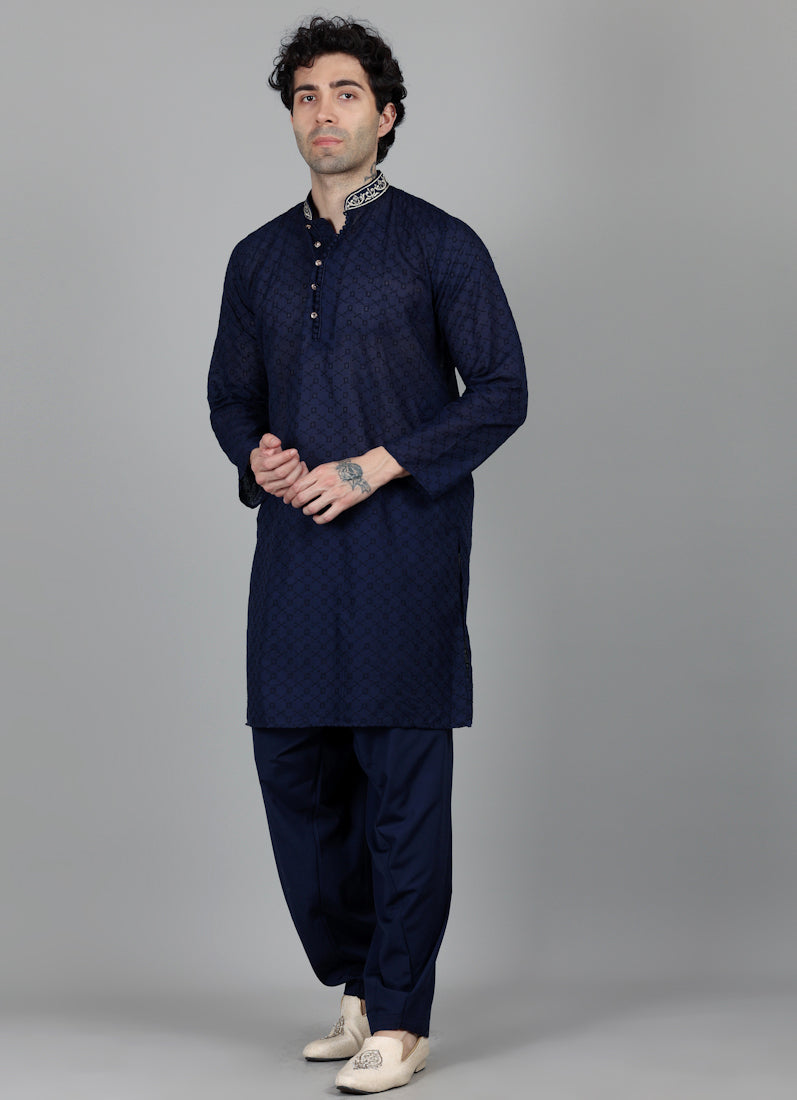 Men's Navy Blue Chikankari Kurta Salwar Set