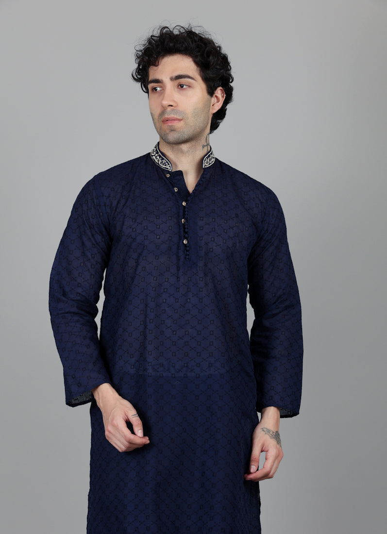 Men's Navy Blue Chikankari Kurta Salwar Set