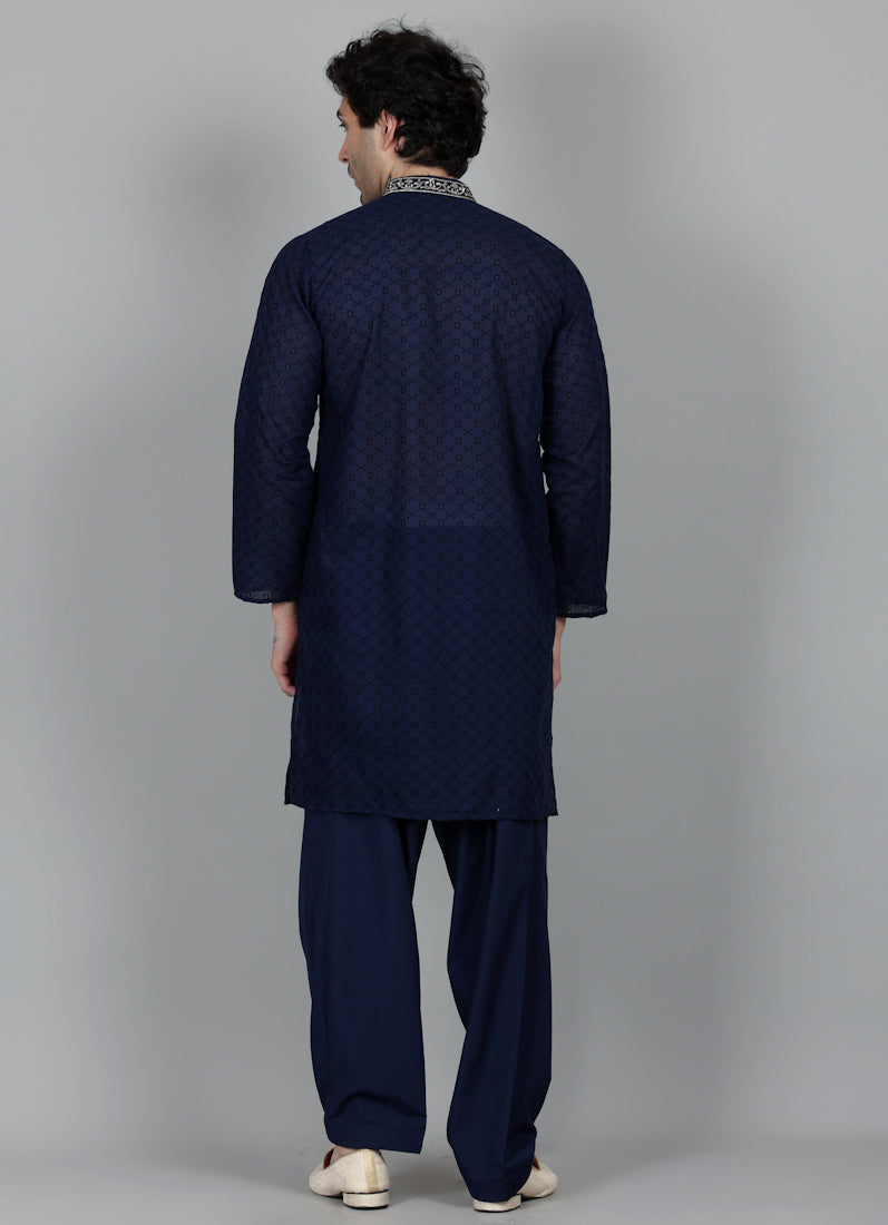 Men's Navy Blue Chikankari Kurta Salwar Set