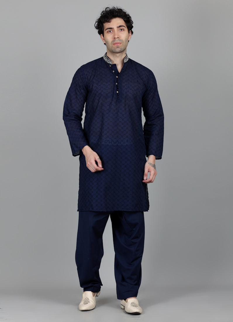 Men's Navy Blue Chikankari Kurta Salwar Set