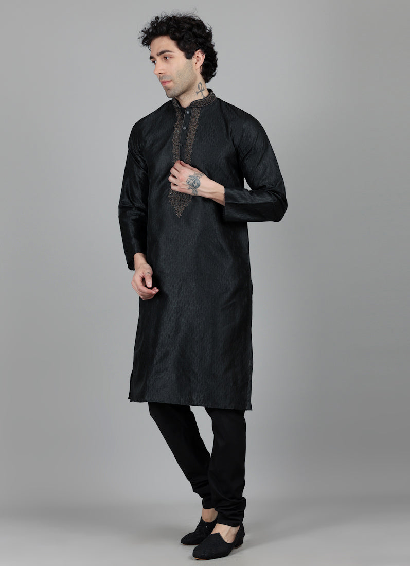 Men's Black Jaquard Embroidered Pajama Set