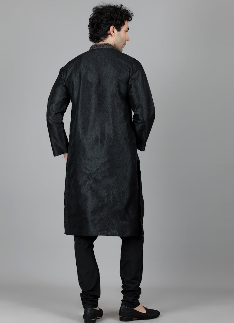 Men's Black Jaquard Embroidered Pajama Set