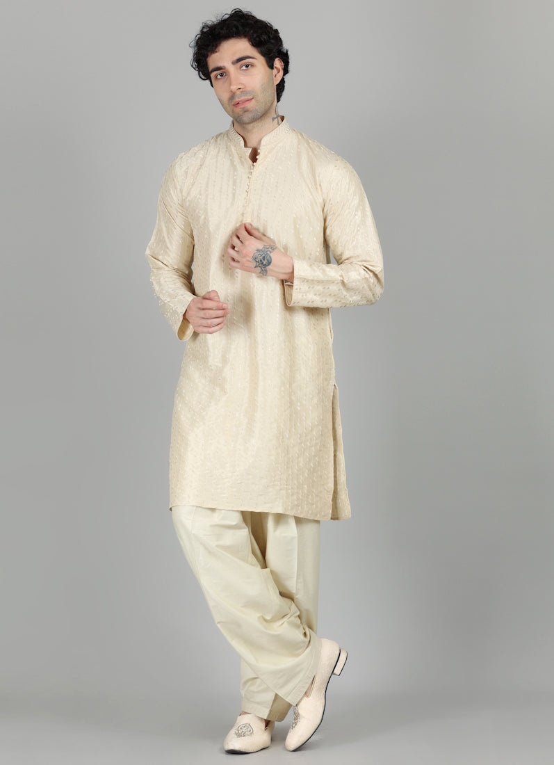 Men's Oyster Cream Sequin Embroidered Kurta Salwar Set