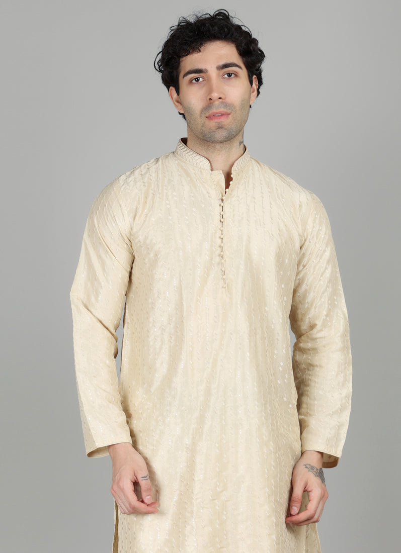 Men's Oyster Cream Sequin Embroidered Kurta Salwar Set