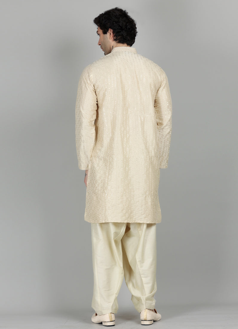 Men's Oyster Cream Sequin Embroidered Kurta Salwar Set