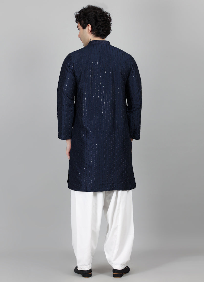 Men's Navy Blue Sequin Embroidered Kurta Salwar Set