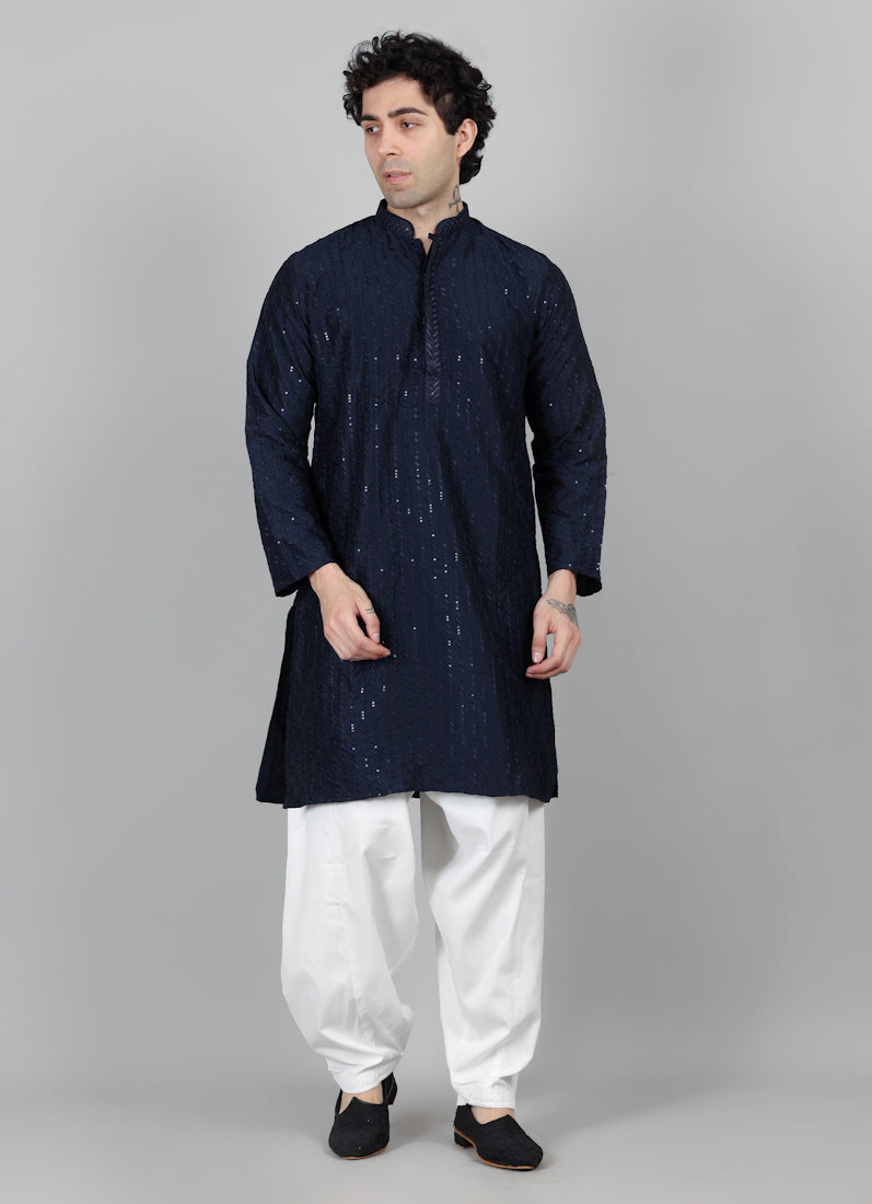 Men's Navy Blue Sequin Embroidered Kurta Salwar Set