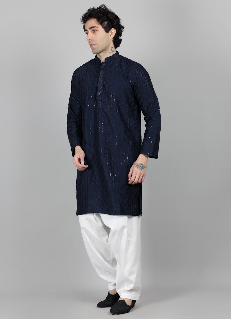 Men's Navy Blue Sequin Embroidered Kurta Salwar Set