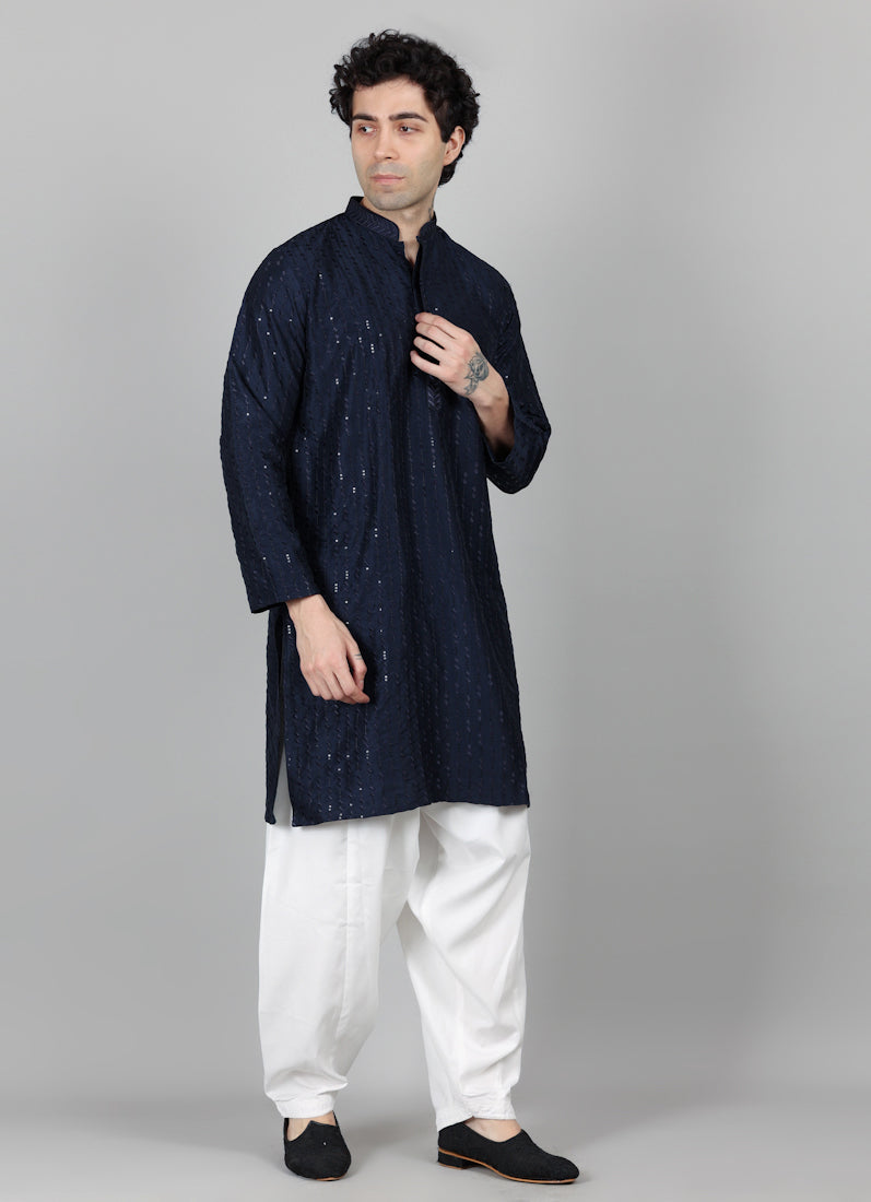 Men's Navy Blue Sequin Embroidered Kurta Salwar Set