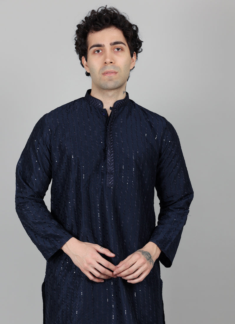 Men's Navy Blue Sequin Embroidered Kurta Salwar Set