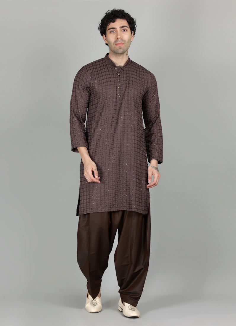 Men's Brown Chikankari Kurta Salwar Set